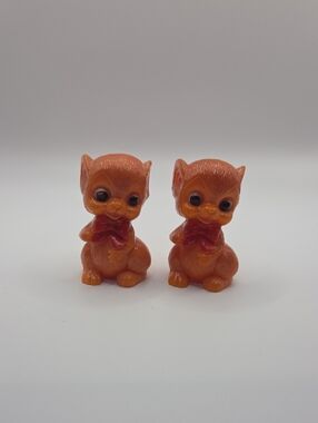 Pair of Orange Resin Kitten Figurines with Red Bows MCM Hong Kong 1960's